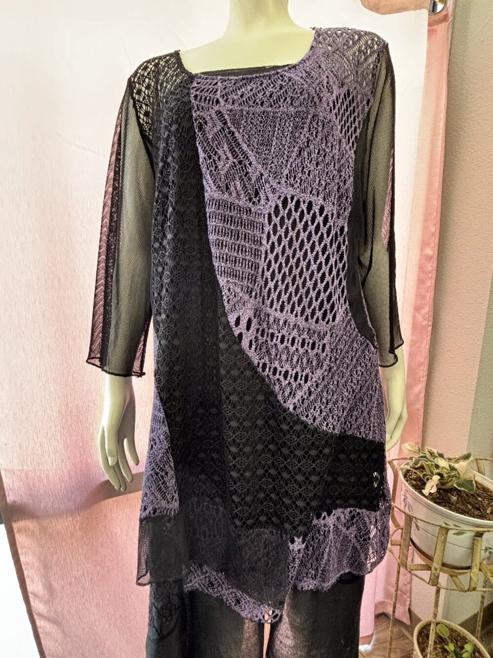 Creation XL Purple Crochet Tunic Cover Up Sheer Sleeves Boho Festival